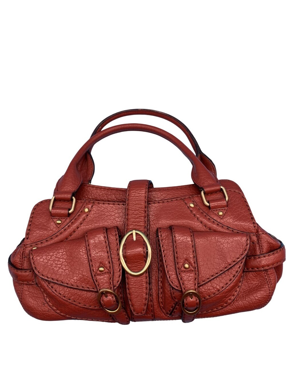 Cromia Satchel Top Handle Bag Womens Medium Brown Leather Buckle Pockets Italy